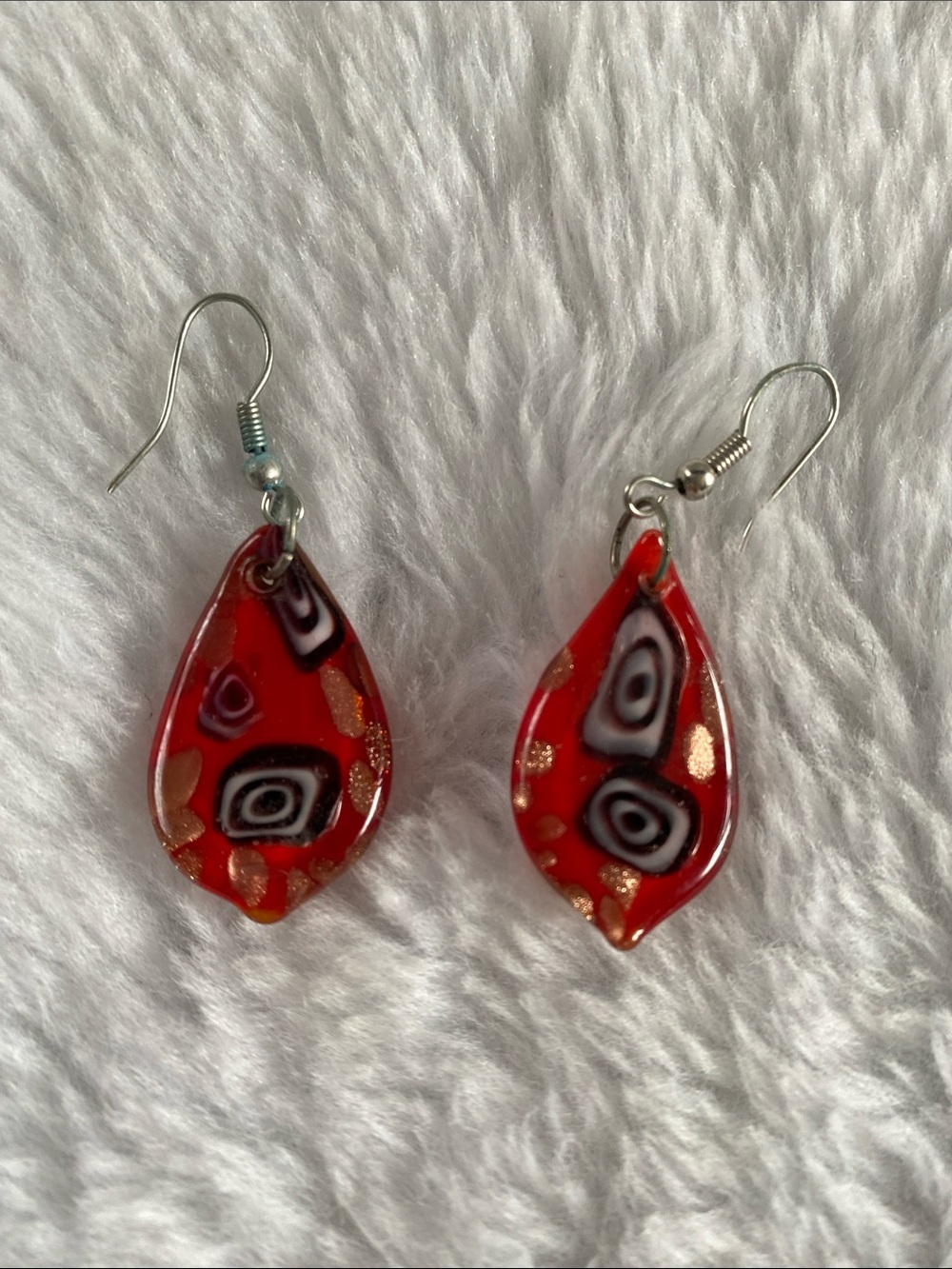 Handmade Red Teardrop Glass Earrings with Gold Accents